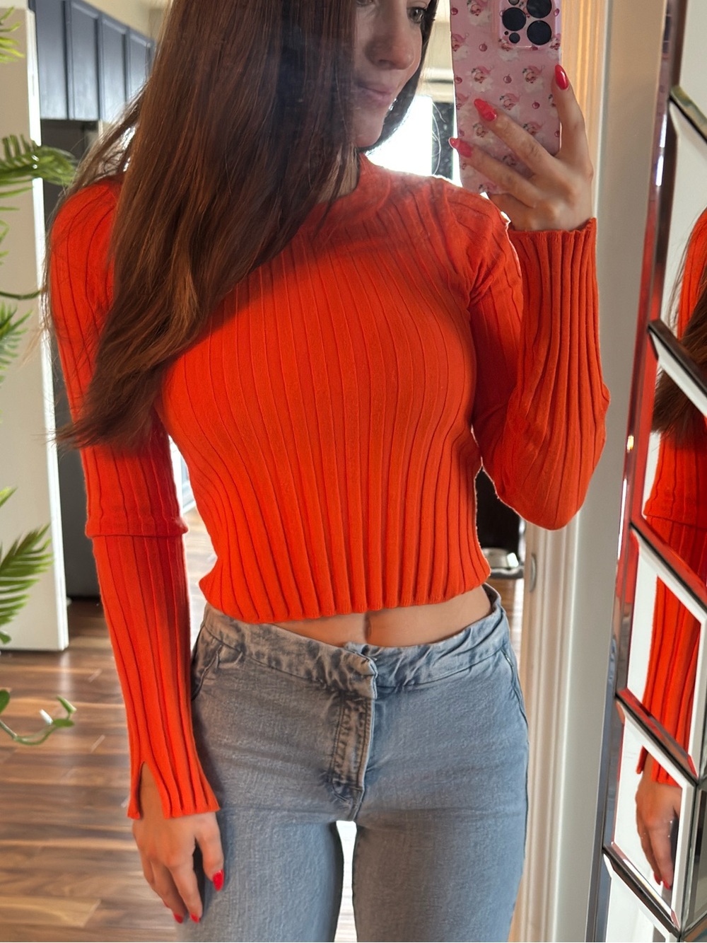 Bright Orange Ribbed Crop Sweater